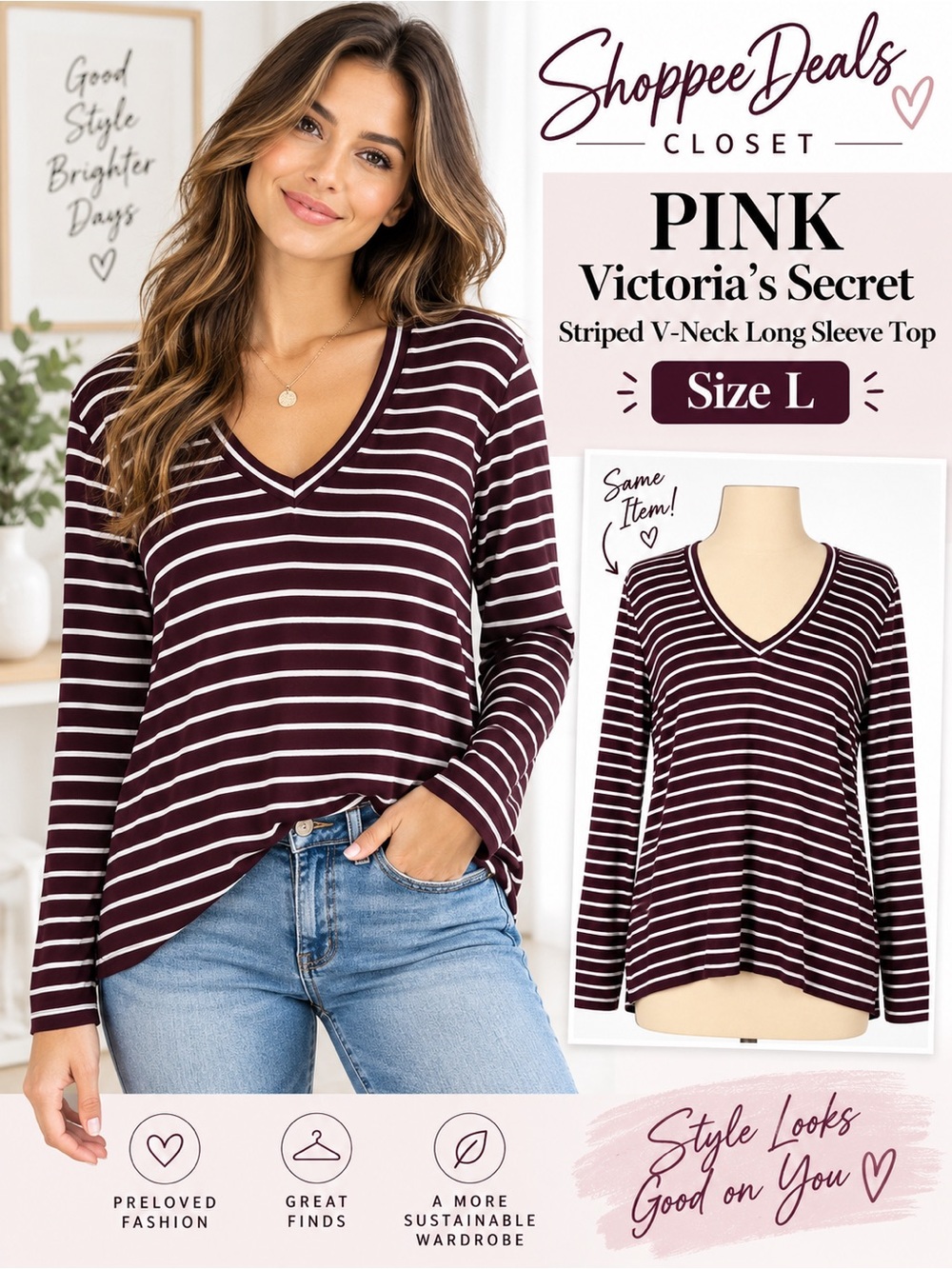 PINK Victoria’s Secret Striped V-Neck Long Sleeve Top Size L